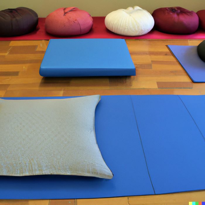 A picture of meditation mats and cushions on a wooden floor.