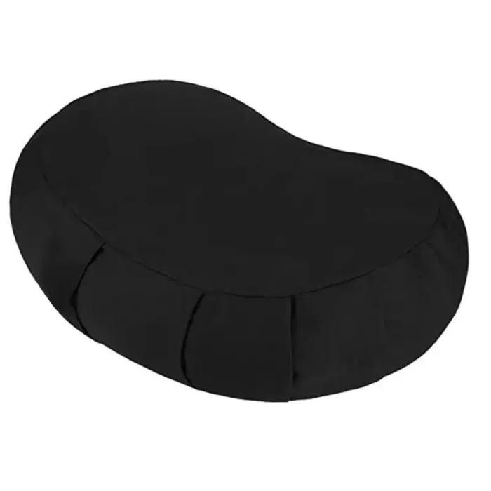 A black crescent-shaped buckwheat-filled zafu cushion