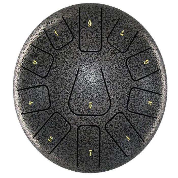 A gray handpan meditation drum with each surface numbered from 1 to 9