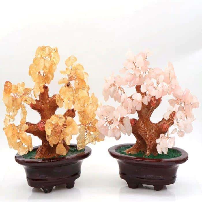 Two bonsai gemstone meditation trees, one gold the other pink