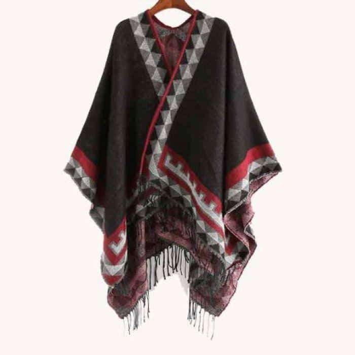 A black meditation shawl with geometric designs