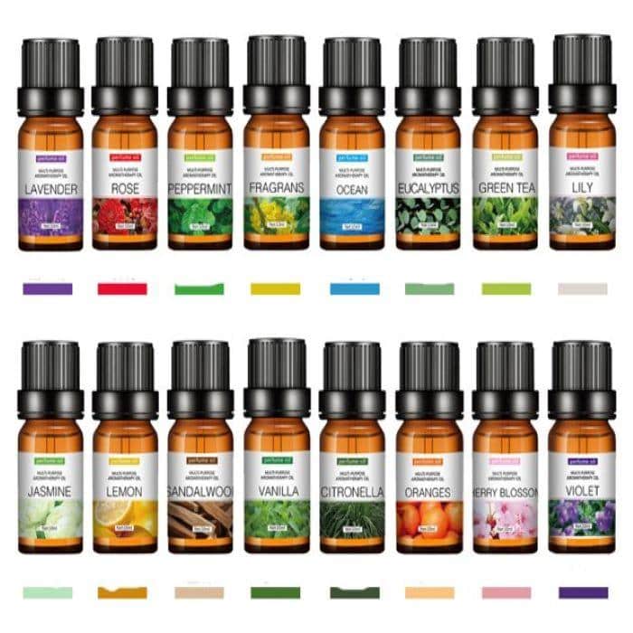 16 varied meditation essential oils and their fragrance in small bottles